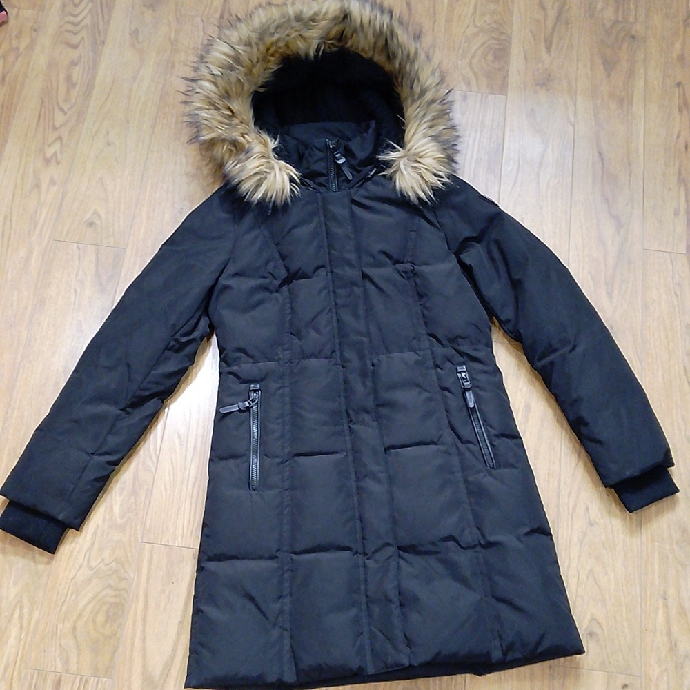 Atelier Noir Women's Black Puffer Coat with Faux Fur Hood